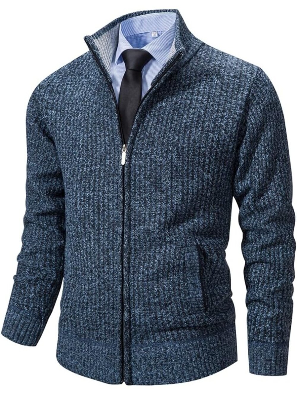🆕Men Dark Blue Cardigan Sweaters Full Zip Knitted Zipper Stand Collar Business